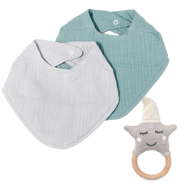 Babygeschenk Lätzchen und Rassel Mint Natur.