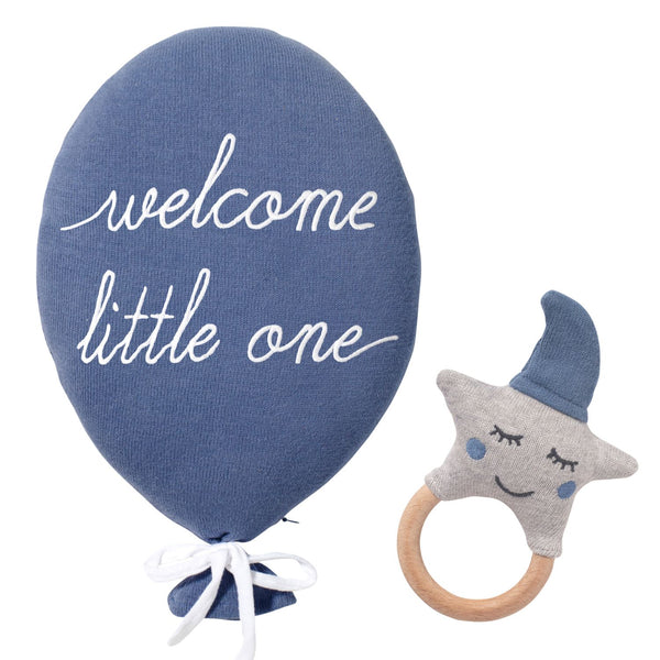 Geschenk Set Baby Dekokissen und Rassel Blau.