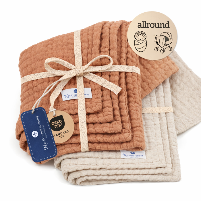 Geschenkset Musselindecke Karamell/Natur