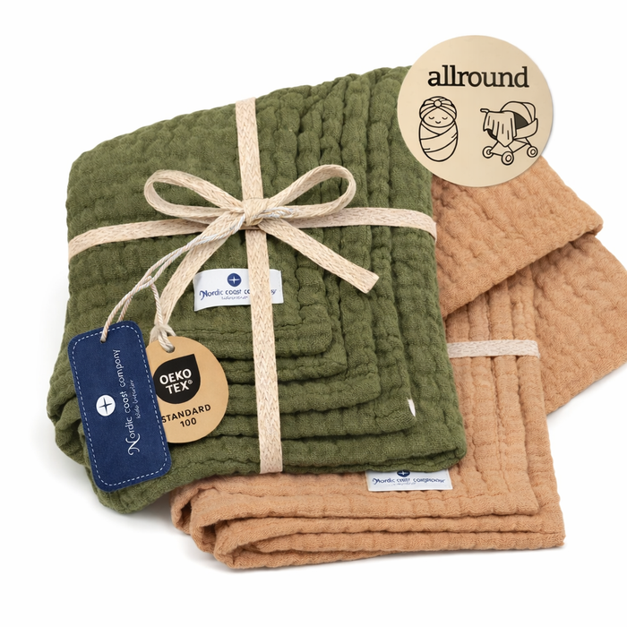 Baby Geschenk Set Musselindecke Oliv/Beige