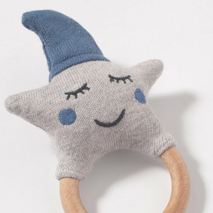 Hochet pour bébé coton tricoté étoile bleu